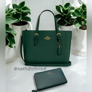 Coach Mollie Tote 25 Bag in Everglades Green & Leather Coach ID Zip Wallet.